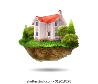 The Floating Island On White Background With A House 