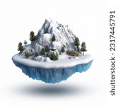 Floating island with snow mountains, trees isolated. Glacier mountains on flying land with clouds and tress, 3d rendered design isolated on white background.
