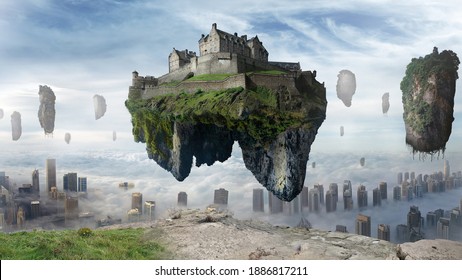 Floating islands above city skyscrapers. Castle floating in the sky. Fantasy landscape 3d illustration.