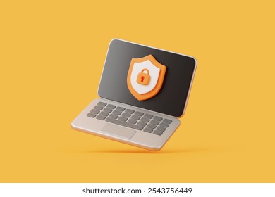 Floating laptop screen displaying a shield with a lock symbol, symbolizing data protection and cybersecurity. 3D render illustration