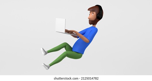 Floating Man Working With A Laptop Computer. Freelance. Copy Space. 3D Illustration. Cartoon.