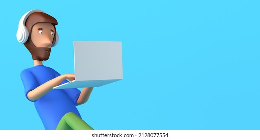 Floating Man Working With A Laptop Computer. Freelance. Copy Space. 3D Illustration. Cartoon.