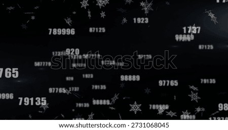 Floating midsize white number cluster creating depth on dark screen, with snowflakes and streaks. Data, digits, hud, interface, glow, snowflake, parallax