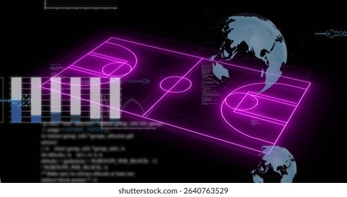 Floating neon purple 3D basketball court wireframe in UI, with scrolling code, bars, globe and axes. Futuristic, digital, virtual, analytics, technology, data visualization, sport