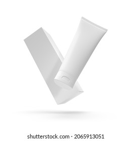 Floating Plastic Cosmetic Tube With Paper Box Mockup Isolated On White Background. 3d Illustration