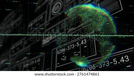 Floating pointcloud globe rotating on right in HUD, showing waveform and data panels, copy space. Sphere, particles, neon, spectrum, dispersion, depth, dashboard