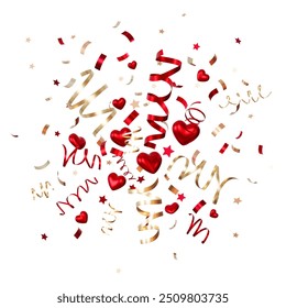 Floating red hearts, golden and red ribbons and confetti, perfect for festive and romantic themes, isolated on white background. Celebration of love. Circle, round form. Glitter. 3D Illustration - Powered by Shutterstock