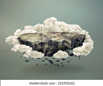 Floating Rock Surface With Crumbling Stones With Clouds 