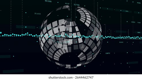 Floating segmented 3D sphere rotating in virtual environment, displaying waveform, numeric overlays. Futuristic, digital, abstract, holographic, immersive, modern, high-tech