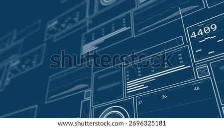 Floating semi-transparent UI panels displaying stats in dashboard, with line graphs and bar charts. Data, analytics, visualization, interface, dashboard, digital, technology