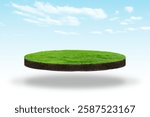 Floating slice of land with green grass surface and soil section. Flying land grass texture and empty grass field isolated. 3d render, isolated grass field flying in air with clouds. white background.