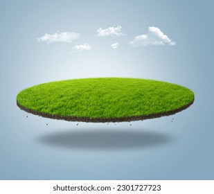 Floating slice of land with green grass surface and soil section. Flying land grass texture and empty grass field isolated. 3d rendered, isolated grass field flying in air with clouds. - Powered by Shutterstock