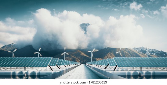 Floating Solar Power Plant And Offshore Wind  Turbine Farm With Majestic Mountain Background. 3d Rendering