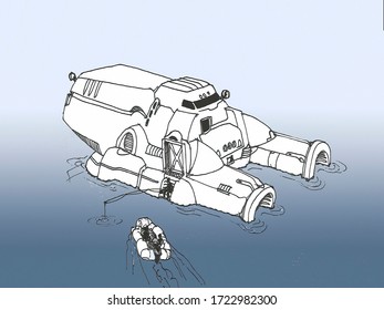 Floating space ship with crew