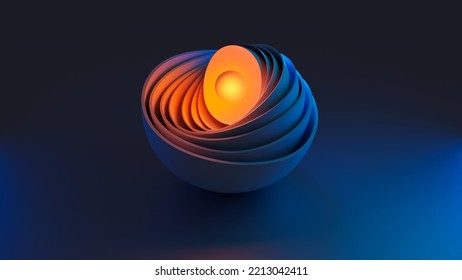 Floating sphere with half-shaped spheres around it. Neon lights in the core and dark blue tones in the outer image. 3D image. For presentations and performances or as a cover for various possibilities