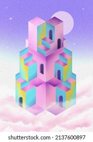 Floating synth wave retro geometric house with stairs and doorways, with pastel clouds, sky, stars and moon.