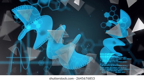 Floating three glowing helixes spiraling in interface with shards hexagonal grid and scrolling code. Futuristic, digital, abstract, technology, data, visualization, innovation