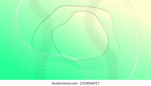 Floating translucent amoeboid shape drifting on desktop wallpaper, with white curved lines. Gradient, green, cream, abstract, minimal, wave, depth