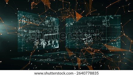 Floating translucent panel showcasing equations in virtual space, with orange polygonal network. Technology, innovation, data visualization, digital design, futuristic, abstract, scientific