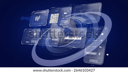 Floating translucent UI panels showing line charts, map overlay and tracking icons in virtual space. Interface, data visualization, futuristic, technology, analytics, innovation, user interface