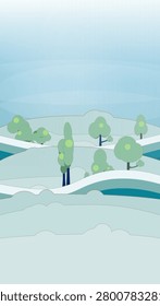 Floating tree canopy scene with soft sky depth, two floating tree layers, and layered bottom clouds