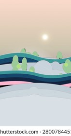 Floating tree canopy scene with soft sky depth, two floating tree layers, and layered bottom clouds