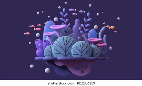 Floating Underwater Island With Turquoise Coral Reef, Blue Seaweeds, Algae, Purple Sponges, Orange Red Fishes. Cartoon Marine Landscape Tropical Colorful Plants. Ocean Bottom Nature. 3d Illustration