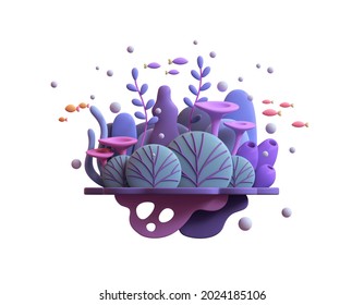Floating underwater island with turquoise pink coral reef, blue seaweeds, algae, purple sponges, orange fishes. Cartoon marine landscape tropical colorful plants. 3d render isolated on white backdrop