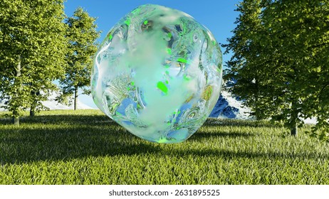 Floating water bubble in forest with glowing chlorophyll, nature and biology, photosynthesis, environmental energy and ecological harmony, Herbal Skin care cosmeti, Molecular Droplets, 3d render
