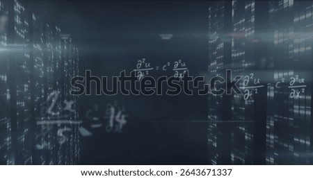 Floating wave equation hovering in data center, with fraction formula and lit server racks. Futuristic, technology, abstract, digital, data, science, innovation
