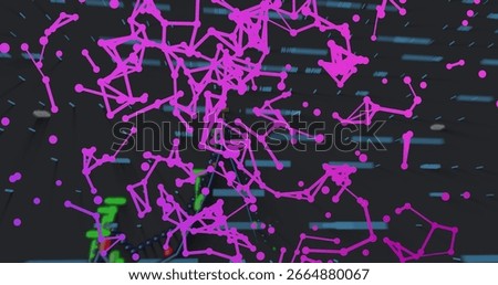 Floating weblike magenta nodes linking lines in digital screen, with blue light bars and green bits. Futuristic, technology, network, data visualization, cyber, connectivity, abstract
