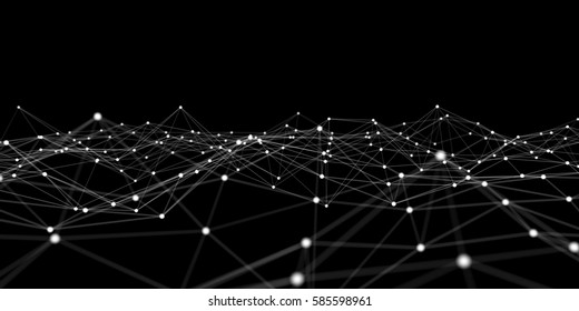 Floating White And Blue Dot Network On Black Background 3D Rendering