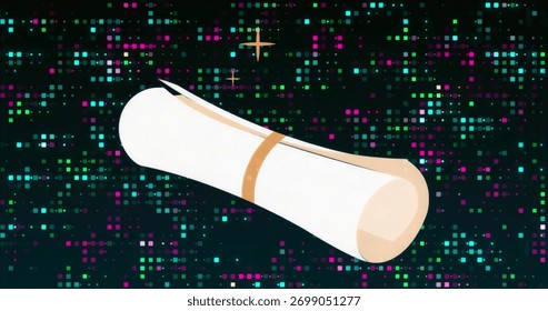 Floating white parchment scroll drifting in abstract digital space, with golden band and ribbon. Antiquity, digital, surreal, elegant, mystique, celestial, minimalism