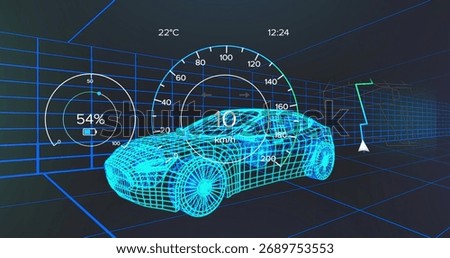 Floating wireframe car inside grid lab, showing speedometer, battery, temp, clock, navigation arrow. Futuristic, technology, innovation, digital, automotive, virtual, interface