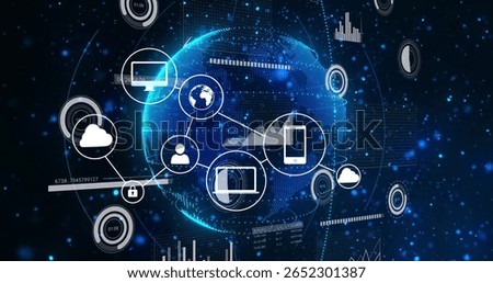 Floating wireframe digital globe spinning in digital network, with cloud storage and padlock icons. Futuristic, technology, connectivity, cybersecurity, data visualization, digital infrastructure,
