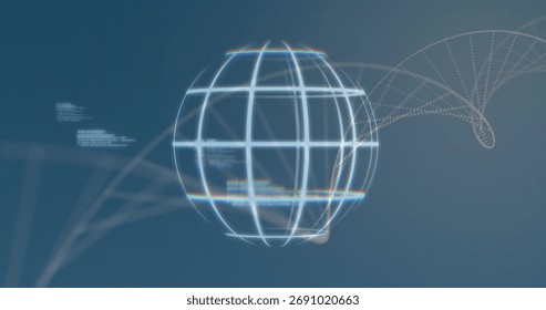 Floating wireframe globe pulsing within virtual display, with code clusters and dotted helix. Futuristic, technology, data, digital, interface, cyber, innovation