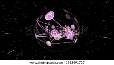 Floating wireframe globe in space, connecting glowing nodes with person icons and light streaks. Technology, connectivity, network, digital, futuristic, abstract, innovation