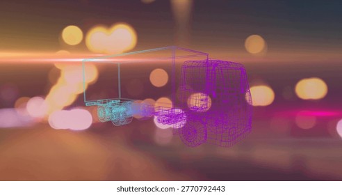Floating wireframe semi-truck and trailer hovering in night bokeh, showing cyan magenta mesh. Neon, gradient, futuristic, abstract, digital, 3d, grid