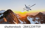 Floatplane soars above snow-capped peaks at golden sunset, evoking remote wilderness adventure and scenic aerial travel. 3d Rendering. Background from BC Canada