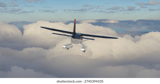 Floatplane soars above thick clouds toward a glowing horizon, conveying freedom, adventure and serenity — 3d Rendering.