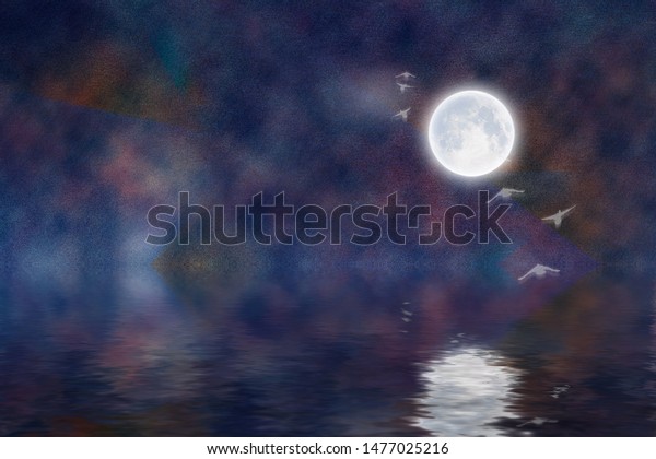 Flock of birds flies over water surface in the\
moonlight. 3D\
rendering
