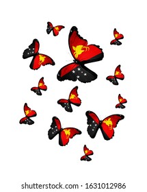 Flock of flying flag butterflies isolated on white. Papua New Guinea 