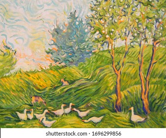 The flock of geese. Unusual expressive oil painting in the style of post-impressionism. Bright sunny afternoon, grass and trees, a flock of geese grazes in a meadow and two goats in the distance.