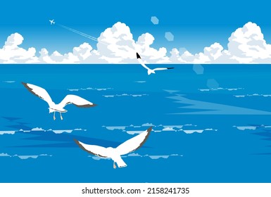 海を飛ぶ海鳥の群れ