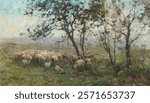 A Flock of Sheep (c 1880 - c 1897) by William Charles Estall. Vintage landscape illustration. Vintage nature scenery art drawing illustration, old nature landscape painting art print.