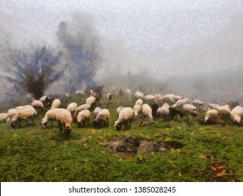 Flock of sheep grazing on the grass on high hills with the fog over the hills, stylized oil painting on canvas.