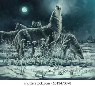 Flock of wolves at night, the leader howls to the moon. Digital paint.