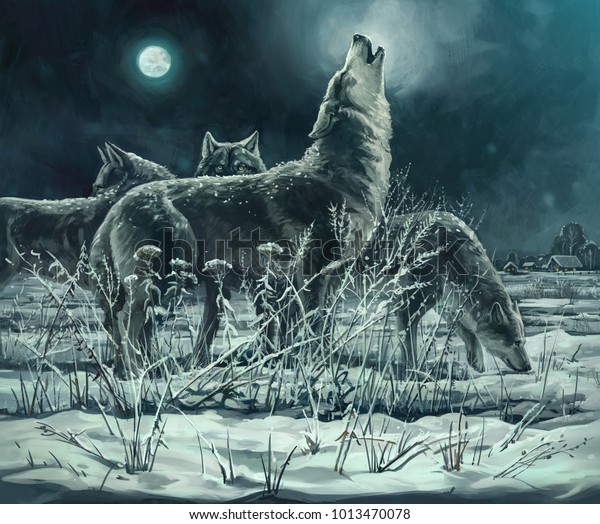 Flock of wolves at night, the leader howls to the\
moon. Digital\
paint.