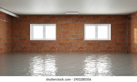 Flood after a pipe burst in the new basement with flat bricks on the wall (3d rendering)