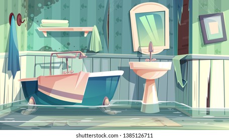 Flooded Bathroom In Old Apartments Or House Cartoon Illustration With Vintage Bathtub, Shabby, Dirty Walls And Water On Floor. Worn Out Plumbing In Antique Home, Bad Tenant Or Rental Concept